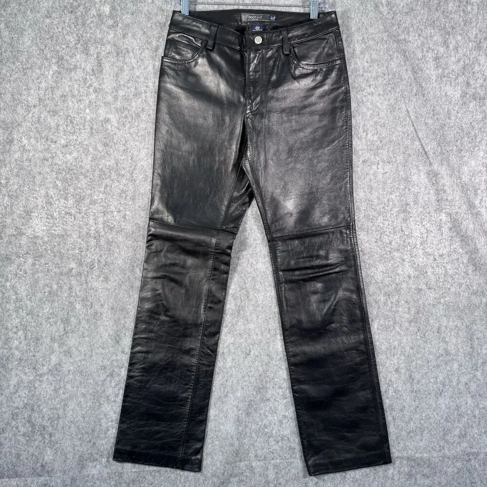 Gap Leather Pants Womens Size 4 Black Boot Cut Biker Grunge Y2K Lined - Picture 1 of 10